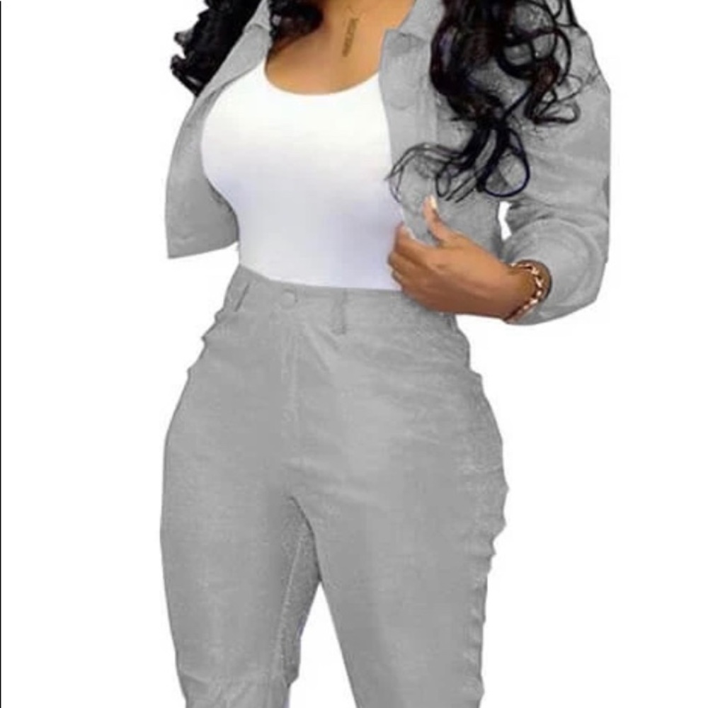Shiny silver denim style pant set